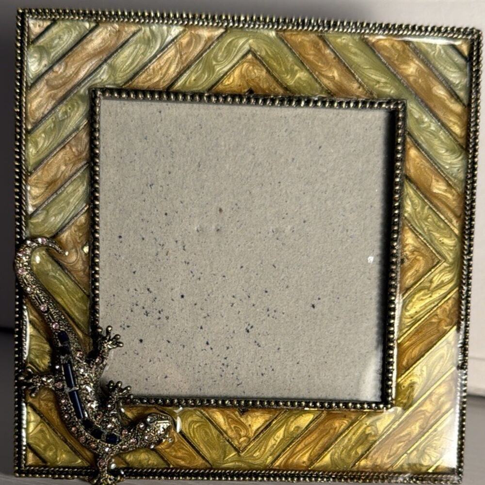 Vintage Enamel Photo Frame Jeweled Lizard Rhinestone Holds 3x3in Square Gecko